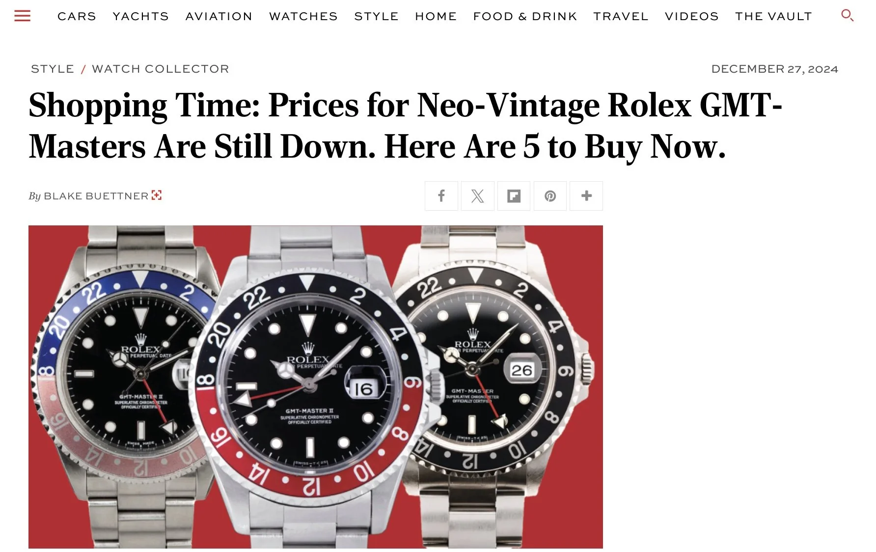 Robb Report: Wind Vintage's Rolex GMT-Master II 16718 'Tom Sachs